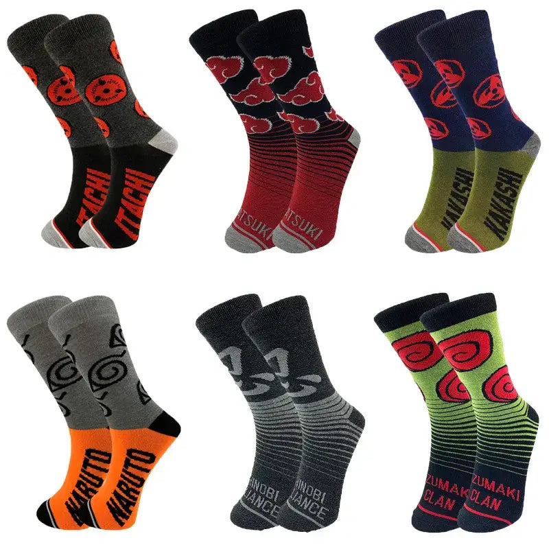 Six pairs of naruto akatsuki long socks in vibrant colors featuring akatsuki red cloud logos in elastic cotton crew style
