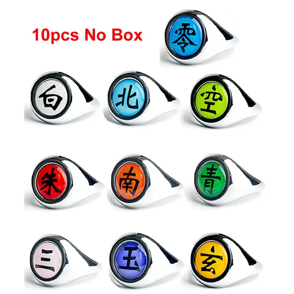 Set of ten silver-toned metal akatsuki ring set with engraved chinese characters on vibrant colored faces