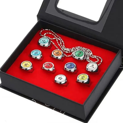 Set of nine colorful silver-toned metal rings with japanese characters and matching chain necklace akatsuki ring set