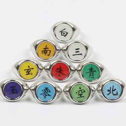 Silver metal akatsuki ring set with colorful engraved chinese characters on circular inlays for cosplay use