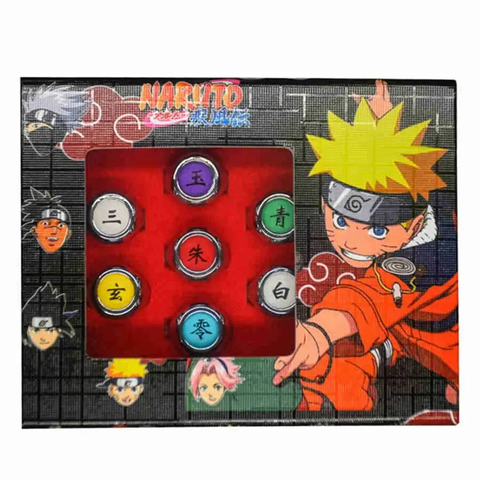 Set of six colorful metal naruto akatsuki rings with chinese characters displayed in a red velvet-lined box ring set
