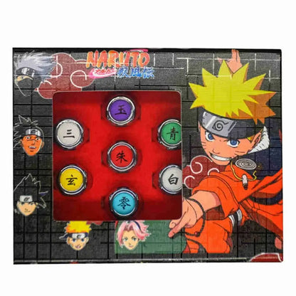 Set of six colorful metal naruto akatsuki rings with chinese characters displayed in a red velvet-lined box ring set