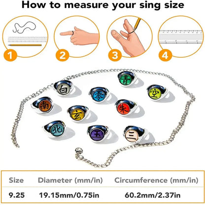 Set of ten colorful silver-toned metal akatsuki ring set with chinese characters for naruto cosplay use