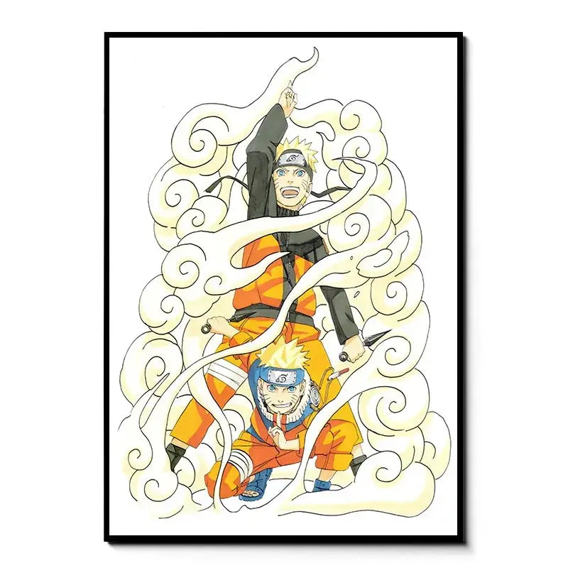Naruto canvas wall art featuring two versions of Naruto in orange and black with swirling cream chakra effects on HD print