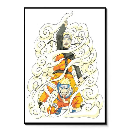 Naruto canvas wall art featuring two versions of Naruto in orange and black with swirling cream chakra effects on HD print