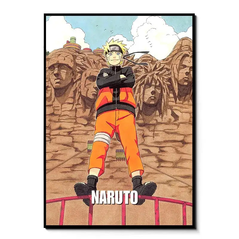 Naruto canvas wall art hd print features naruto in orange jumpsuit with stone faces background available in 5 sizes
