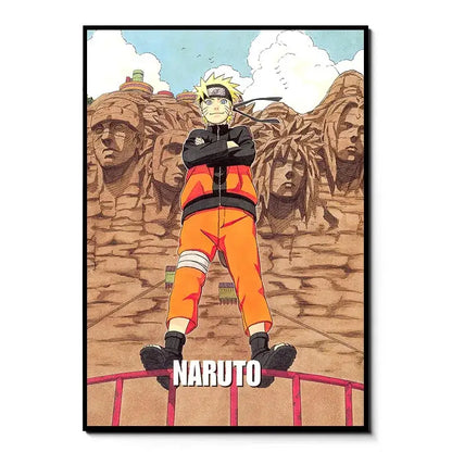 Naruto canvas wall art hd print features naruto in orange jumpsuit with stone faces background available in 5 sizes