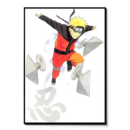 Naruto canvas wall art featuring naruto uzumaki in dynamic pose with orange black outfit and metallic shurikens in hd print