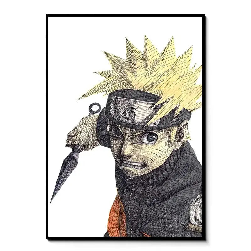 A framed black-and-white naruto canvas wall art sketch with spiky blonde hair holding a kunai knife in 5 sizes