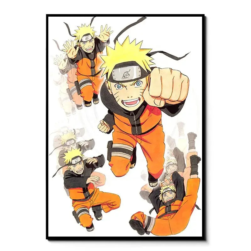 Orange and black naruto uzumaki action figure printed on naruto canvas wall art in a sleek black frame
