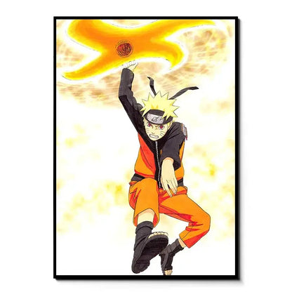 Naruto canvas wall art featuring Naruto Uzumaki mid-air in orange jumpsuit on bright yellow chakra background in black frame