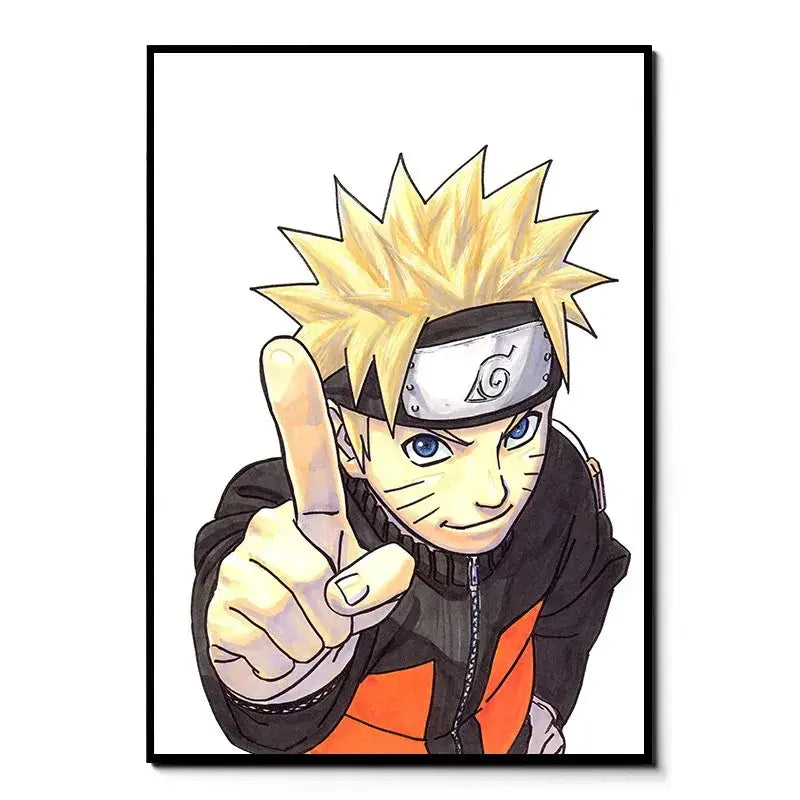 A framed naruto canvas wall art illustration featuring naruto uzumaki with blonde hair and konoha headband in hd print