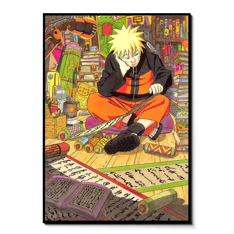 Naruto canvas wall art HD print featuring Naruto in orange and black outfit sitting cross-legged with books and scrolls