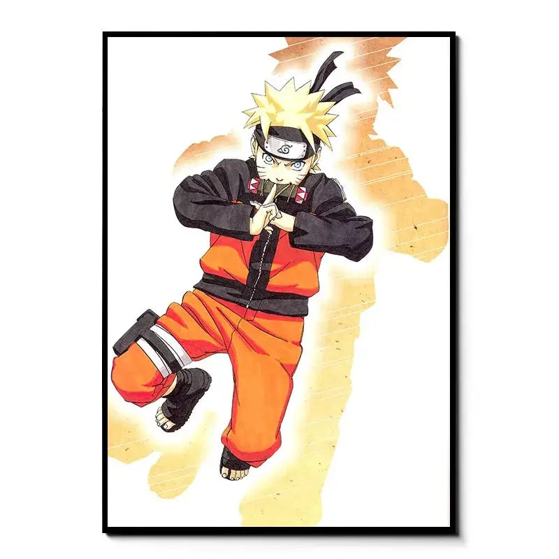 A framed naruto canvas wall art featuring naruto uzumaki in his orange and black ninja outfit with konoha headband