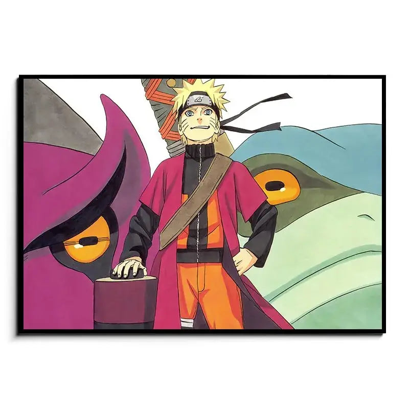 Naruto canvas wall art featuring Naruto in orange black outfit with pink cloak standing before two large creatures