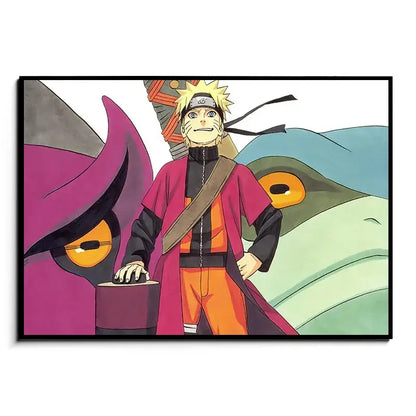Naruto canvas wall art featuring Naruto in orange black outfit with pink cloak standing before two large creatures