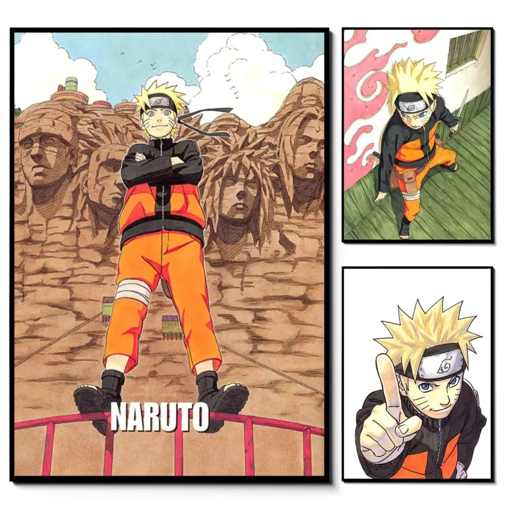 Naruto canvas wall art featuring three framed hd prints of naruto in orange and black jumpsuit with blonde hair