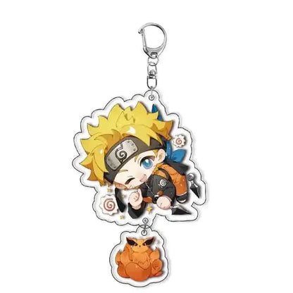Chibi naruto acrylic keychain with transparent charm featuring spiky blonde hair orange black outfit and fox emblem