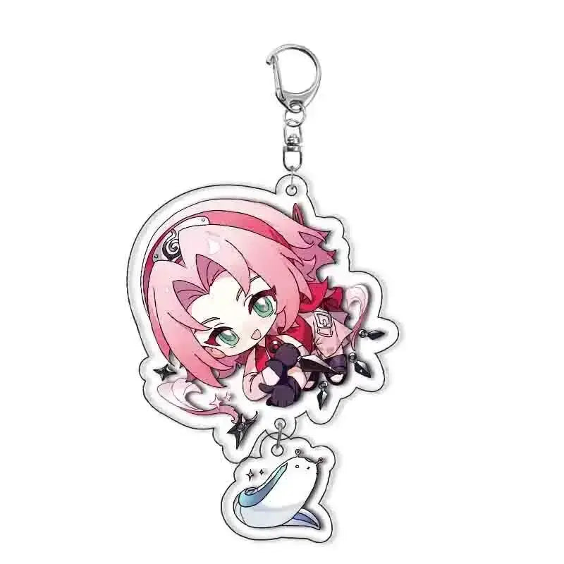 Pink-haired naruto character acrylic keychain with silver clasp and white creature charm in 8 styles collection