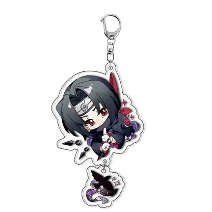 Chibi-style naruto character acrylic keychain with dark hair red eyes headband holding kunai and small black bird charm