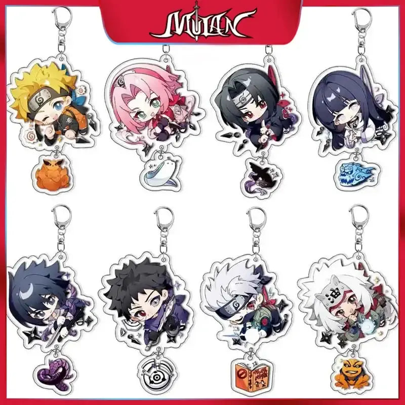 Chibi-style naruto character acrylic keychains with colorful designs and metallic silver clasps in 8 styles including sasuke uchiha