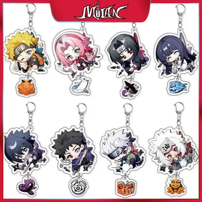 Chibi-style naruto character acrylic keychains with colorful designs and metallic silver clasps in 8 styles including sasuke uchiha