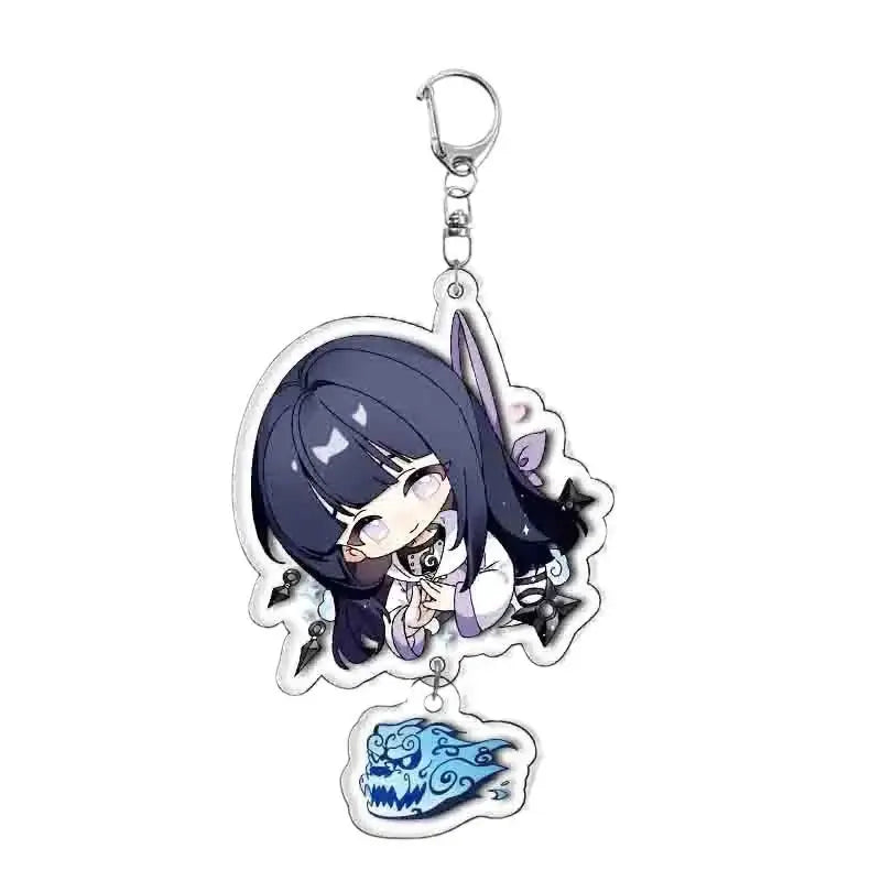 Clear acrylic naruto character keychain with chibi dark blue hair figure holding black and white object and blue skull charm