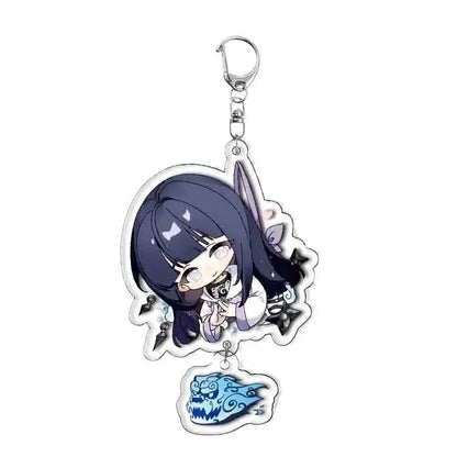 Clear acrylic naruto character keychain with chibi dark blue hair figure holding black and white object and blue skull charm