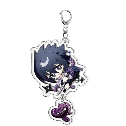 Naruto character acrylic keychain purple and black chibi spiky hair sword with smaller heart-shaped charm