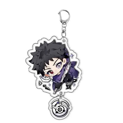 Naruto character acrylic keychain featuring chibi anime figure with black spiky hair purple outfit and silver emblem charm
