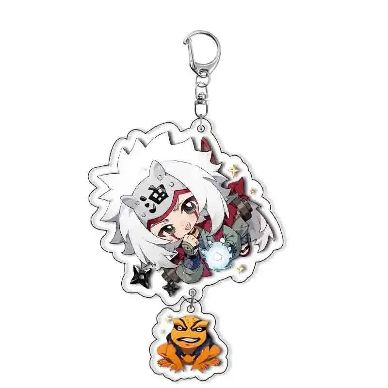 Silver-toned acrylic naruto keychain featuring chibi white-haired character with red markings and orange frog charm
