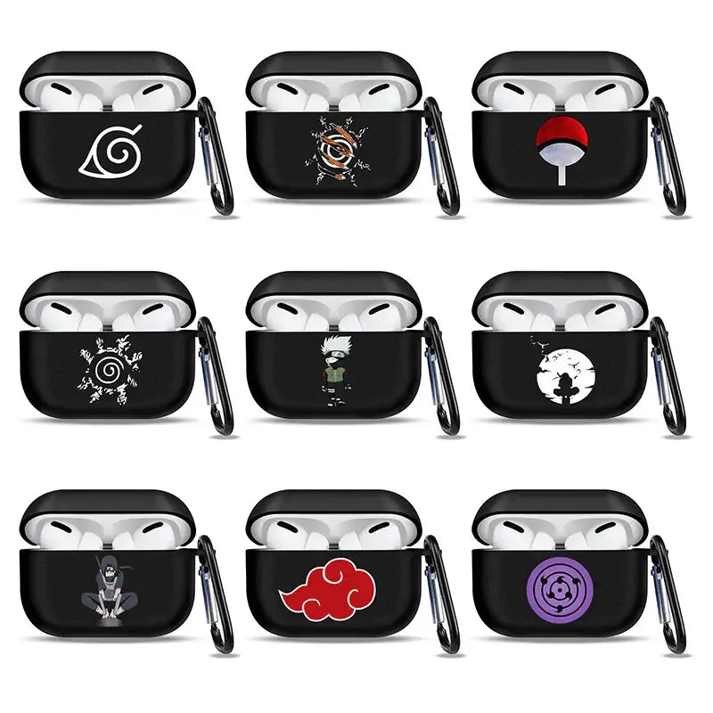 Black soft tpu earphone case with naruto designs and carabiner clip for airpods protection and style