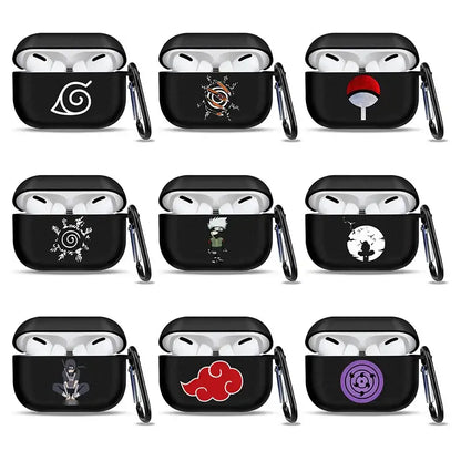 Black soft tpu earphone case with naruto designs and carabiner clip for airpods protection and style