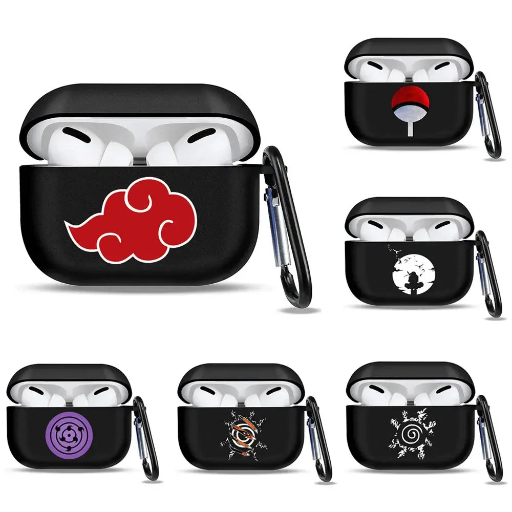 Black soft tpu naruto earphone case with red cloud emblem and carabiner clip for airpods protection