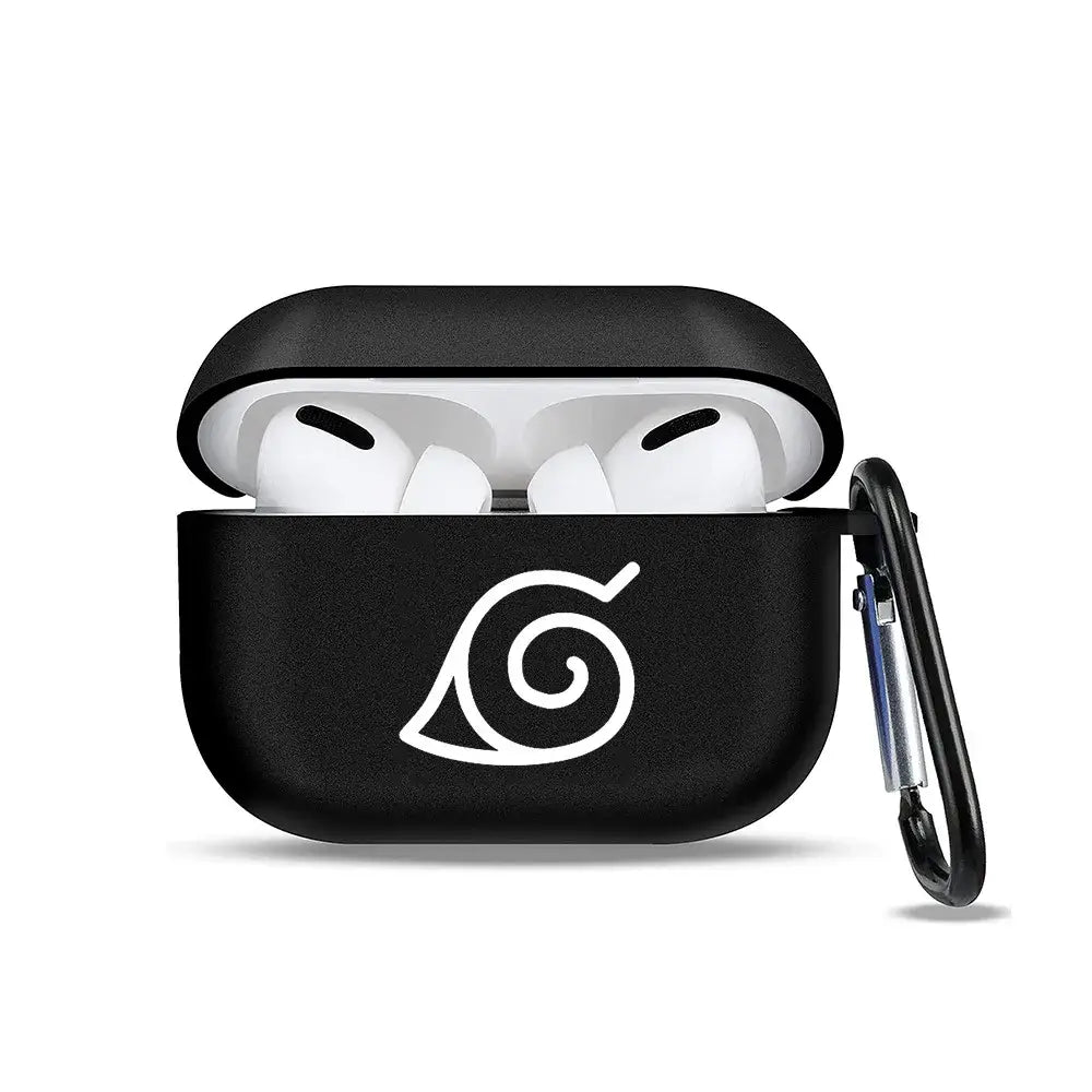 Black soft tpu earphone case for airpods with white uzumaki clan symbol and black carabiner clip