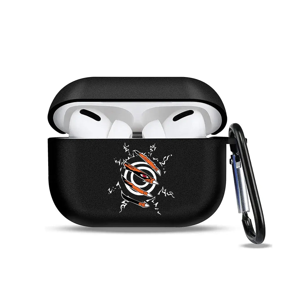 Black silicone Naruto earphone case with orange and white claws graphic and attached black carabiner made of soft TPU