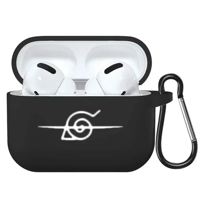 Black silicone soft tpu earphone case with white uzumaki clan symbol and black carabiner clip for airpods pro