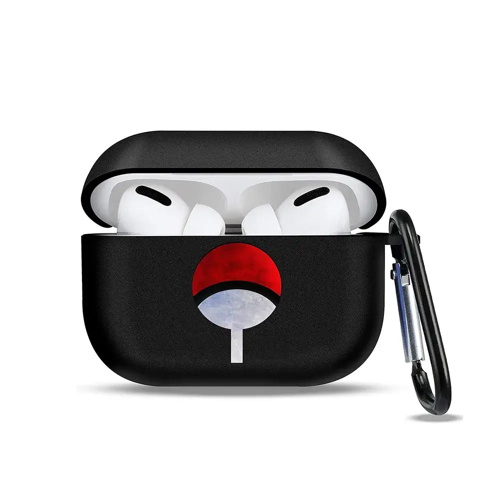 Black soft tpu earphone case with red and white uchiha clan symbol and black carabiner clip for airpods