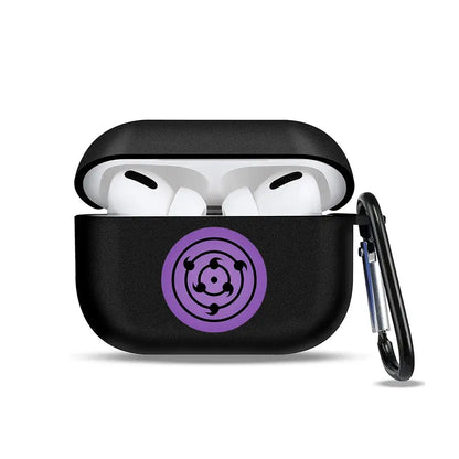Black soft tpu earphone case with purple sharingan emblem and carabiner clip for airpods by naruto