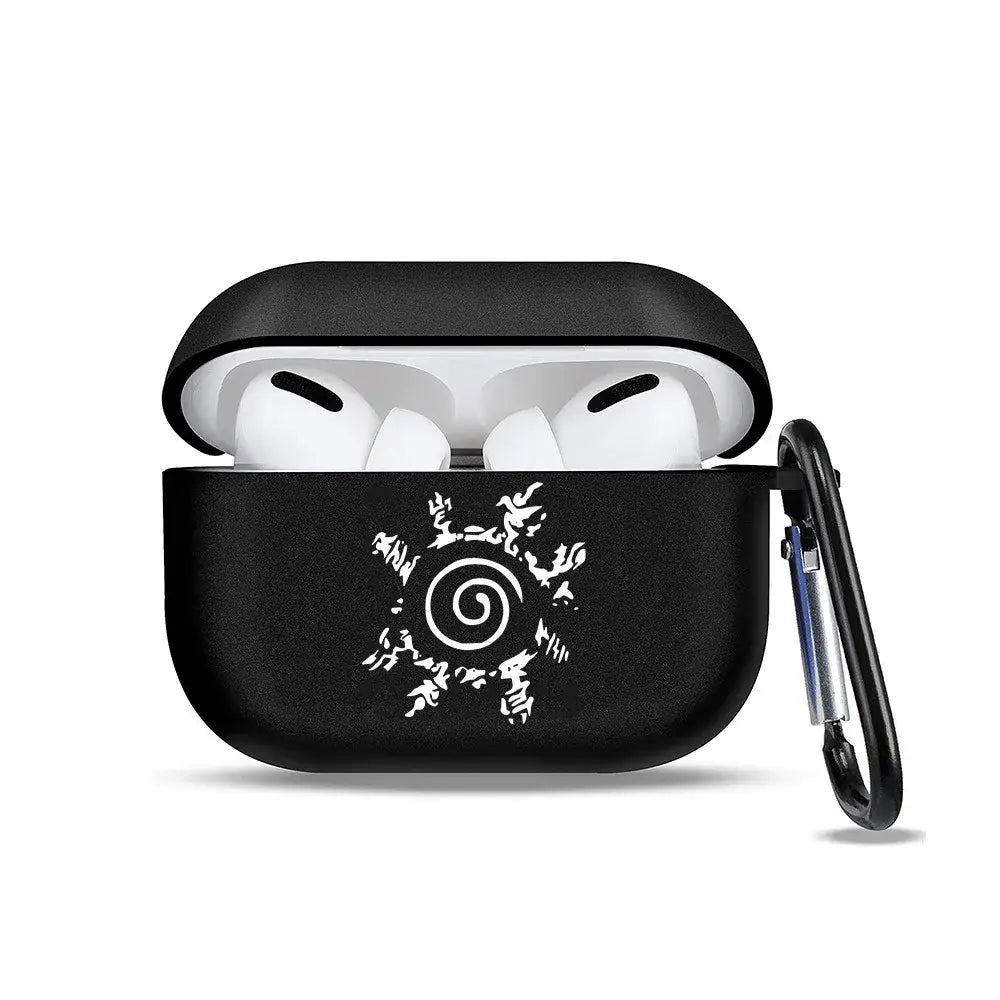 Black soft tpu earphone case with white naruto uzumaki spiral emblem and carabiner clip for airpods protection
