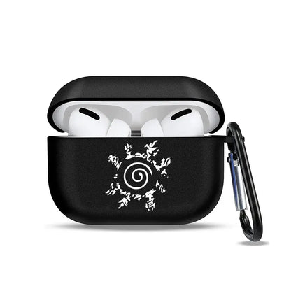 Black soft tpu earphone case with white naruto uzumaki spiral emblem and carabiner clip for airpods protection