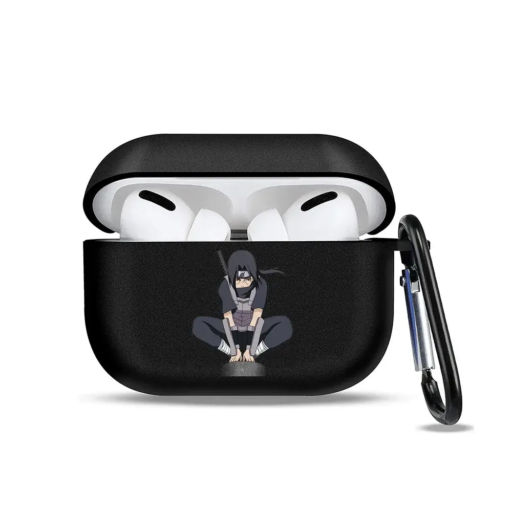 Black silicone soft tpu earphone case with naruto anime design and carabiner clip for airpods protection