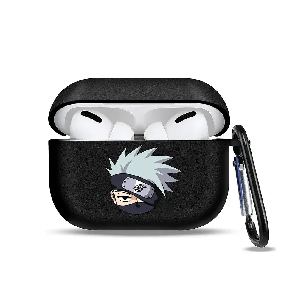 Black soft tpu earphone case featuring kakashi hatake cartoon illustration with carabiner clip for airpods protection