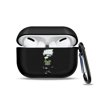 Black silicone soft tpu earphone case featuring kakashi hatake cartoon with carabiner clip for airpods protection
