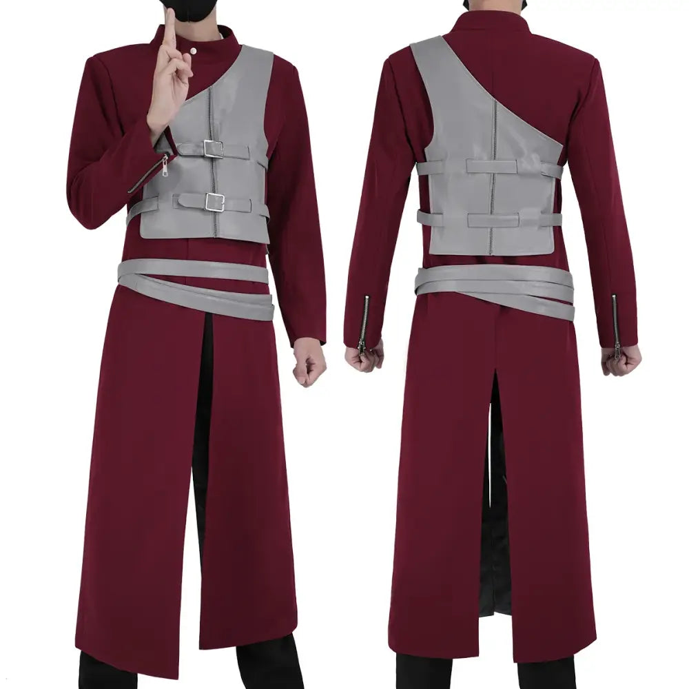 Maroon and gray naruto gaara cosplay costume set with structured vest featuring silver buckles thigh straps and calf straps