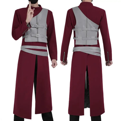 Maroon and gray naruto gaara cosplay costume set with structured vest featuring silver buckles thigh straps and calf straps