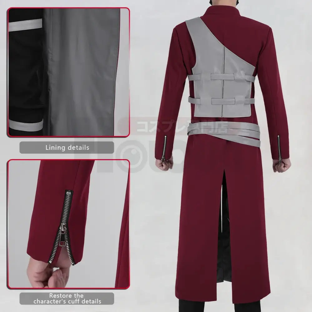 Maroon and gray naruto gaara cosplay costume set with structured armored vest featuring thigh and calf straps