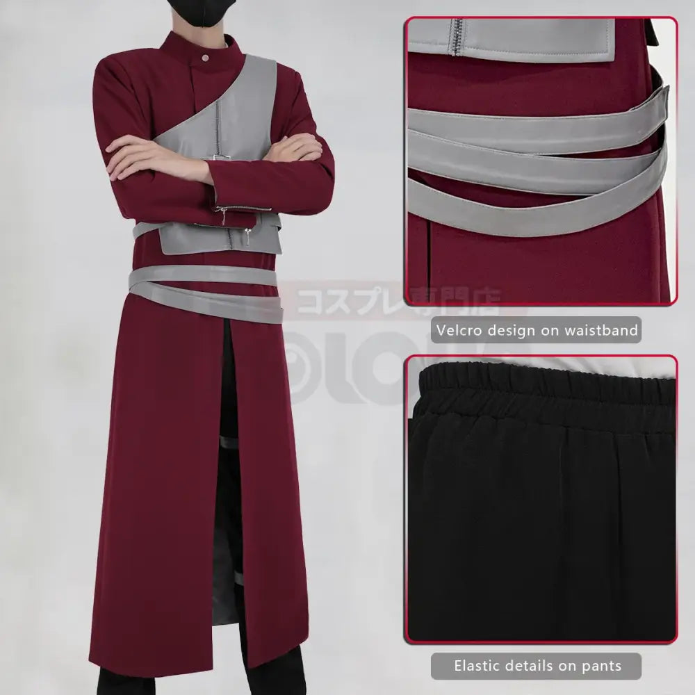 Naruto Gaara cosplay costume set in maroon and gray with high collar, layered belt straps, thigh straps, and elastic waist pants