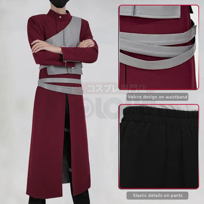 Naruto Gaara cosplay costume set in maroon and gray with high collar, layered belt straps, thigh straps, and elastic waist pants