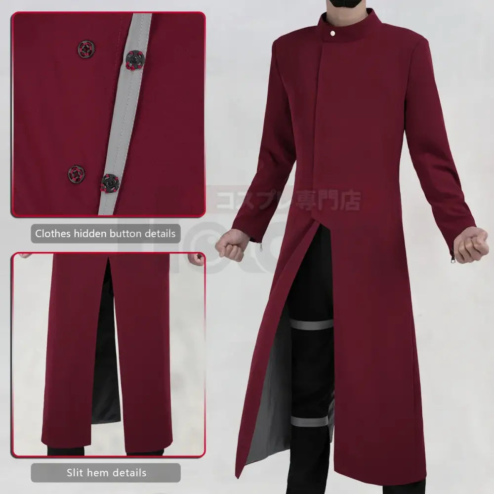 Naruto Gaara cosplay costume maroon long coat with high collar decorative buttons subtle gray trim and thigh straps